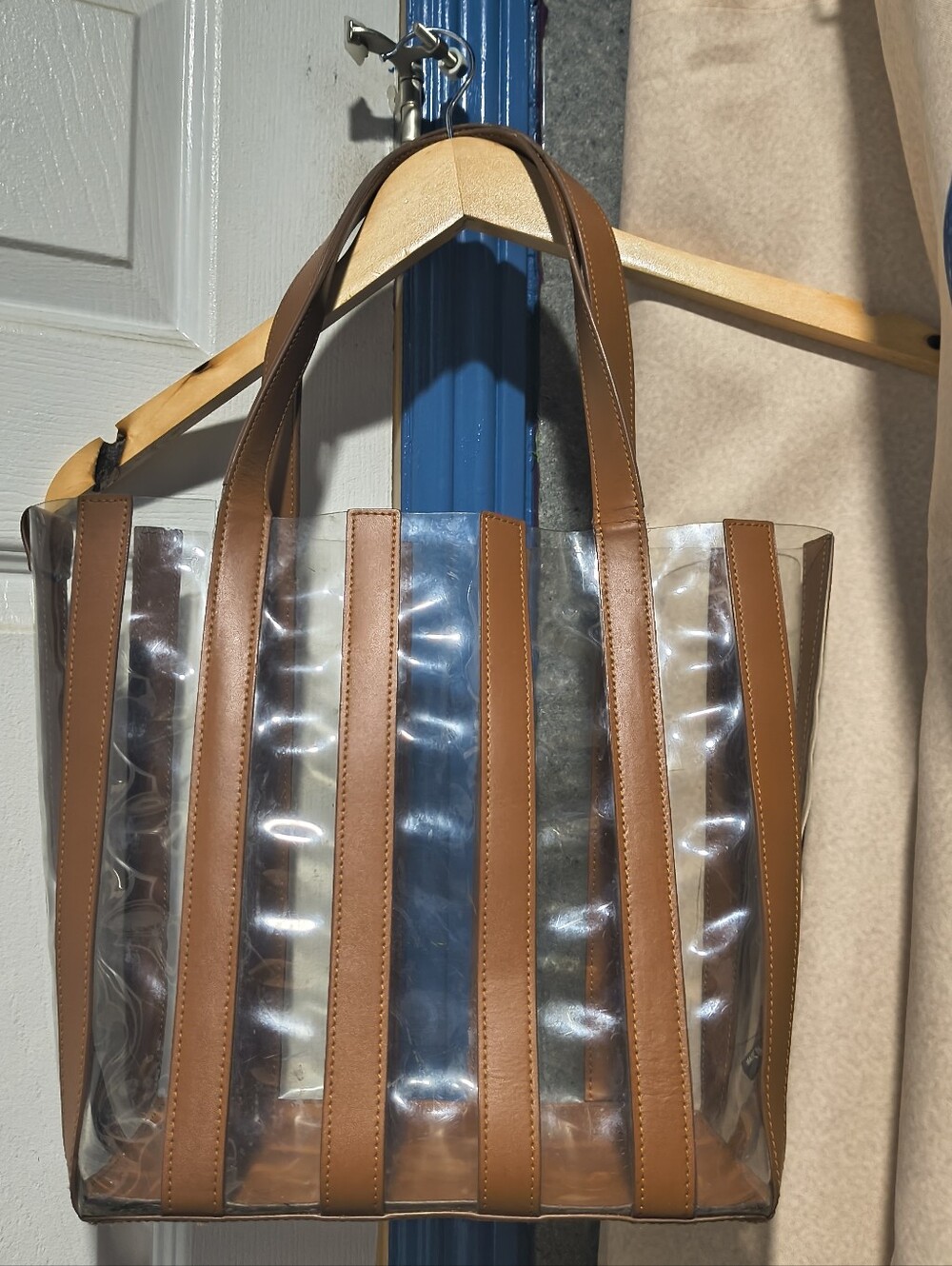 Loeffler Randall Marlena Clear PVC & Tan Leather Striped Tote Bag - Picture 6 of 14